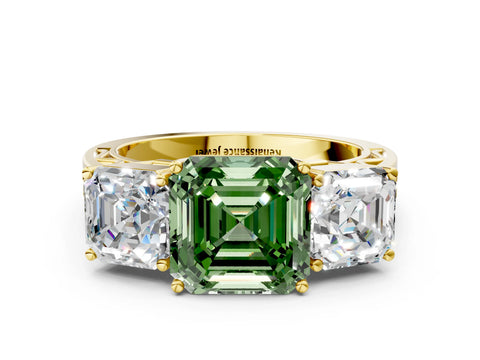 Yellow gold Fancy Green Asscher Cut Diamond Three-Stone Ring with Prong Setting and Textured Band