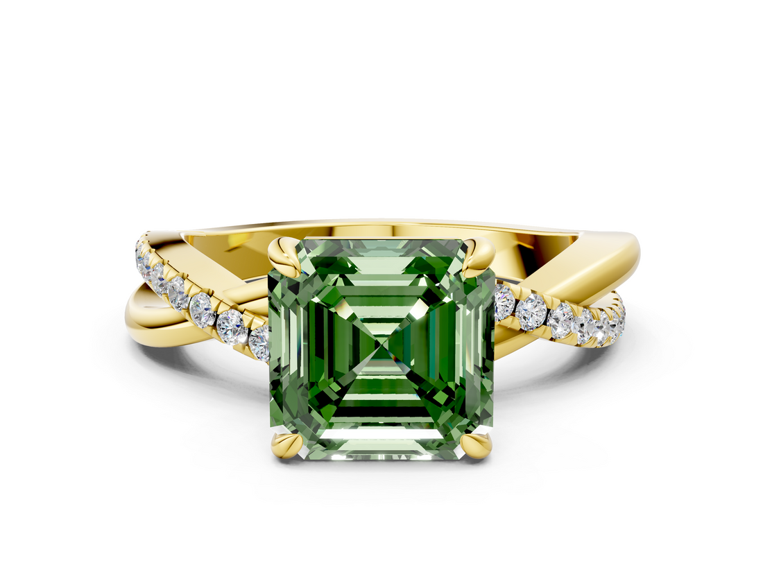 Yellow gold Fancy Green Asscher  Cut Diamond Twist Band Solitaire with Prong Setting_17