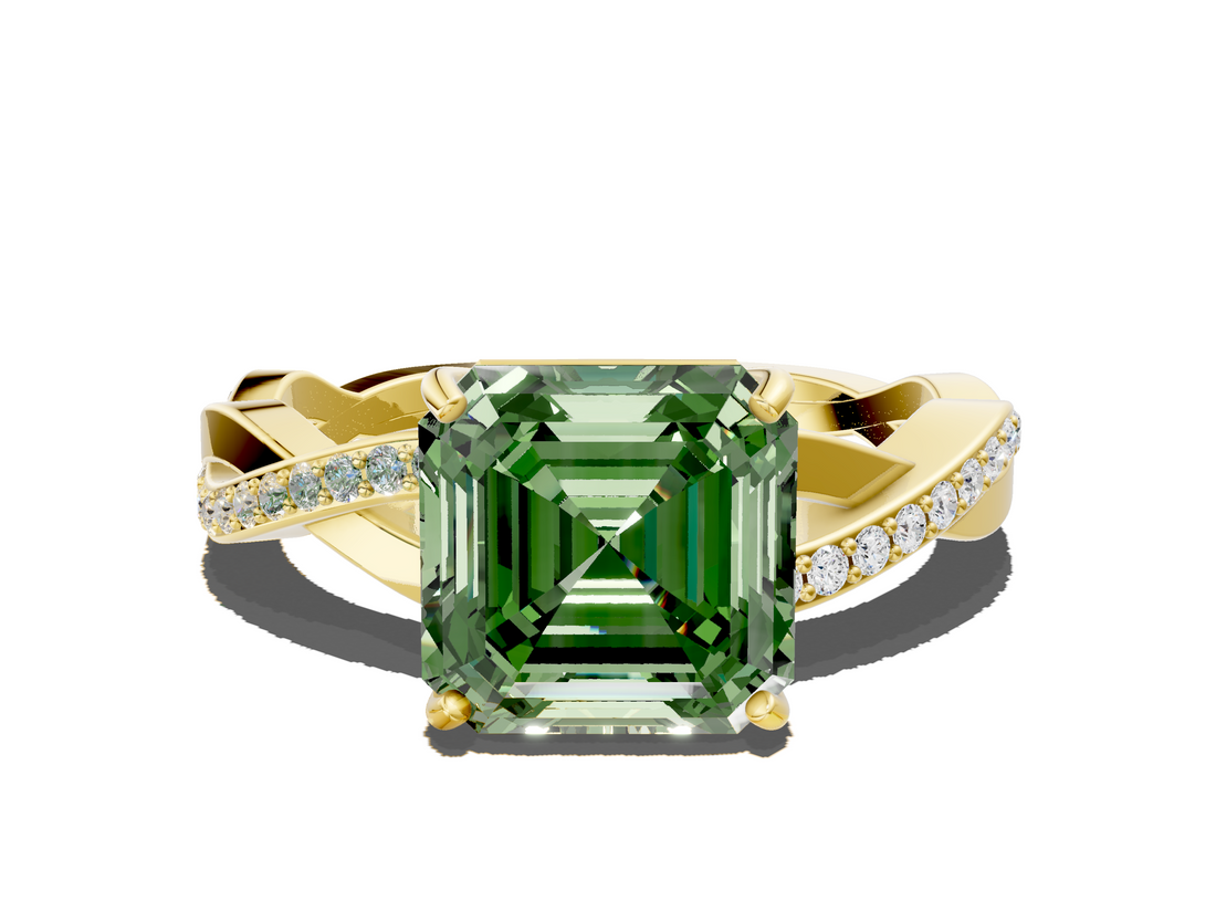 Yellow gold Fancy Green Asscher  Cut Diamond Twisted Band Engagement Ring with Prong Setting_3