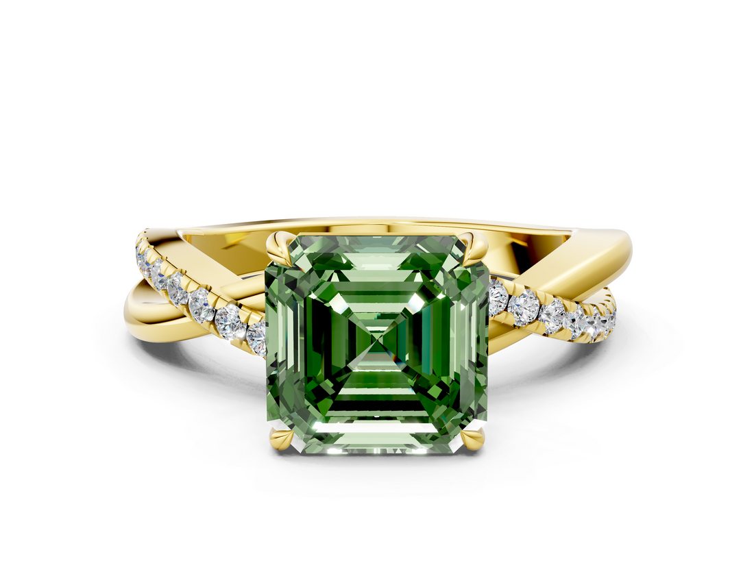 Yellow gold Fancy Green Asscher  Cut Diamond Twisted Band with Pavé Setting and Four-Prong Setting_17