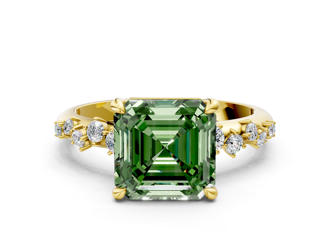 Yellow gold Fancy Green Asscher  Cut Diamond Vine Band with Four-Prong Setting