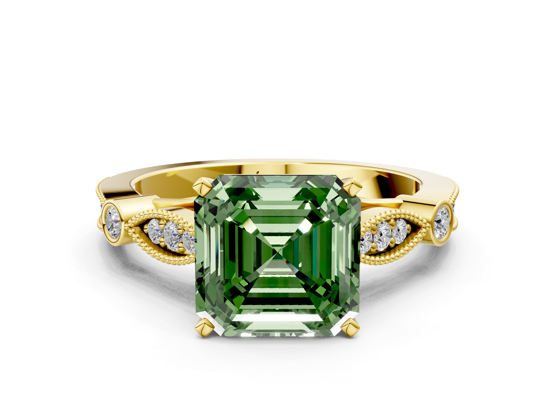 Yellow gold Fancy Green Asscher  Cut Diamond with Milgrain Marquise and Bezel Accents on a Solitaire Band with Prong Setting_18