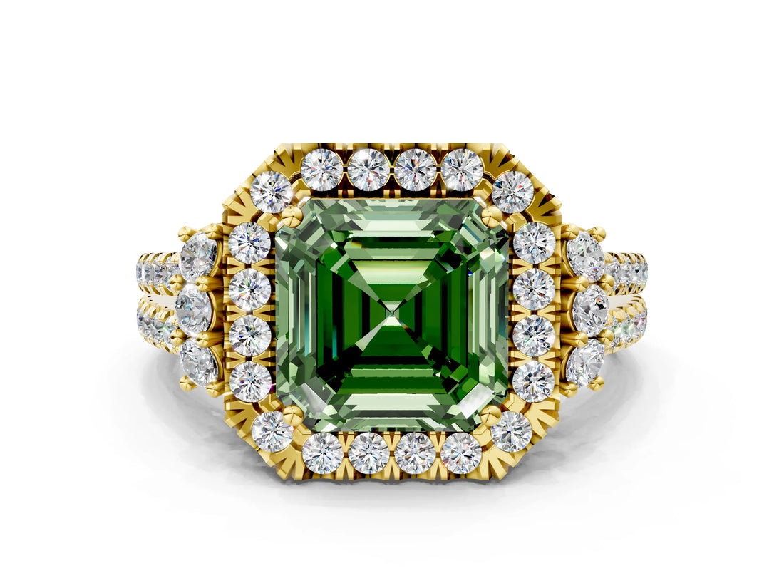 Yellow gold Fancy Green Asscher  Cut Double Halo Diamond Engagement Ring with Pave Band and Four-Prong Setting