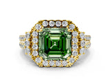 Yellow gold Fancy Green Asscher  Cut Double Halo Diamond Engagement Ring with Pave Band and Four-Prong Setting