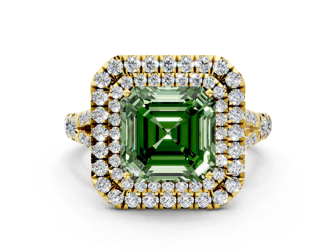 Yellow gold Fancy Green Asscher  Cut Double Halo Split Shank Diamond Ring with Prong Setting_47
