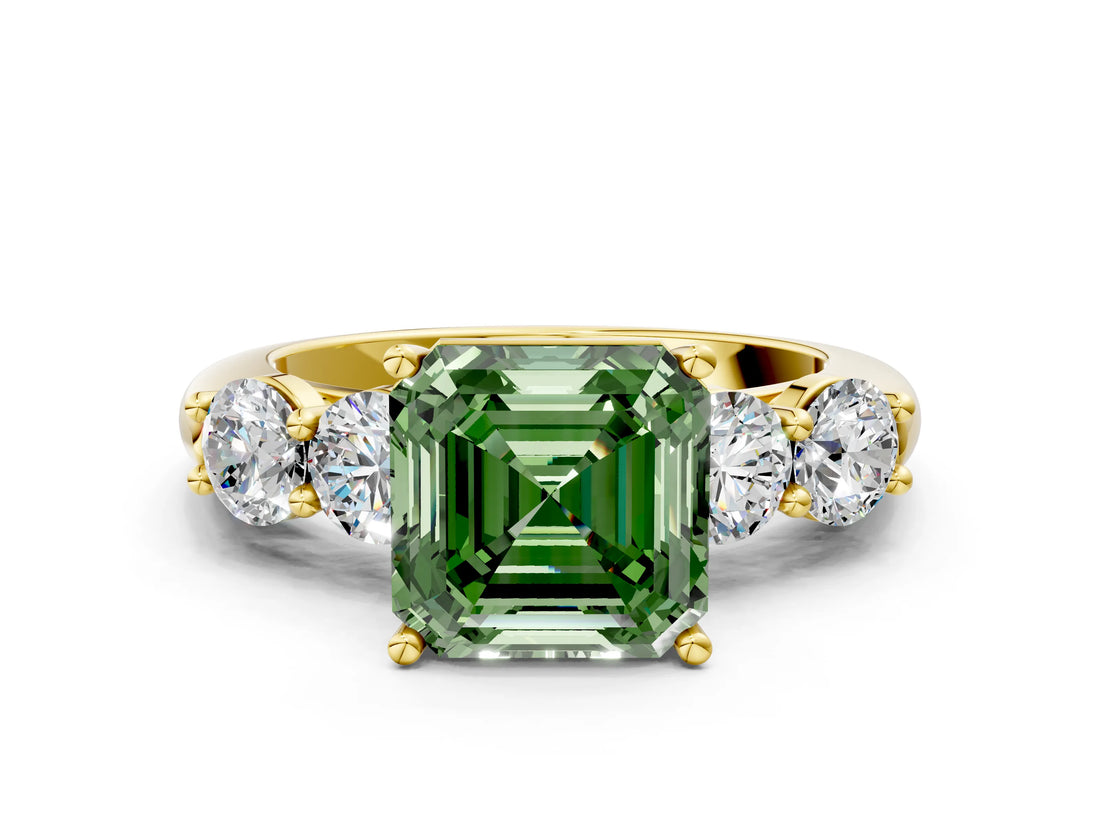 Yellow gold Fancy Green Asscher  Cut Five-Stone Prong Set Diamond Ring with Classic Band_29