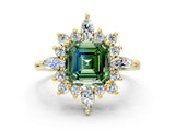 Yellow gold Fancy Green Asscher Cut Halo Diamond Cluster Ring with Marquise and Round Stones on a White Gold Band with Prong Setting