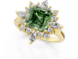Yellow gold Fancy Green Asscher Cut Halo Diamond Cluster Ring with Marquise and Round Stones on a White Gold Band with Prong Setting_1