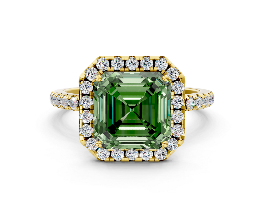 Yellow gold Fancy Green Asscher  Cut Halo Diamond Engagement Ring with Pave Band and Four-Prong Setting