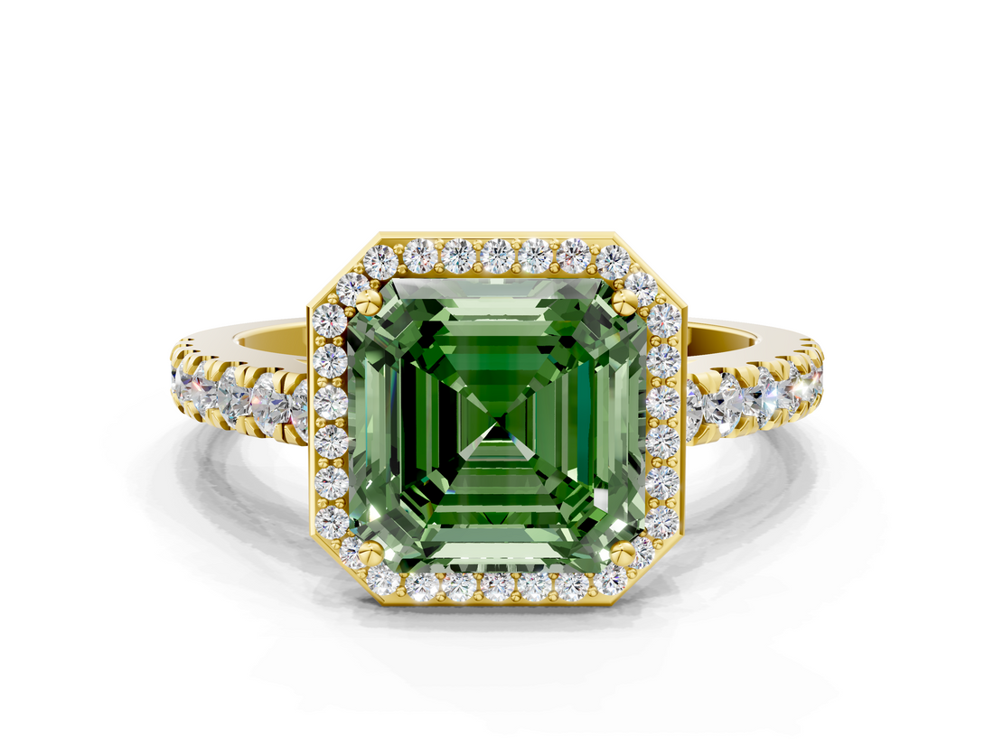 Yellow gold Fancy Green Asscher  Cut Halo Diamond Engagement Ring with Pave Band and Four-Prong Setting_17