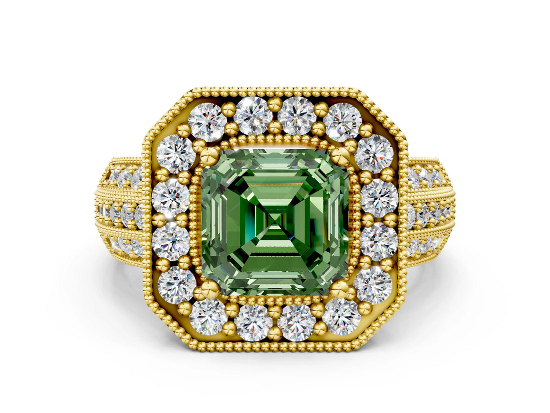 Yellow gold Fancy Green Asscher Cut Halo Diamond Engagement Ring with Pave Split Shank and Four-Prong Setting_12