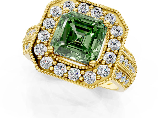 Yellow gold Fancy Green Asscher Cut Halo Diamond Engagement Ring with Pave Split Shank and Four-Prong Setting