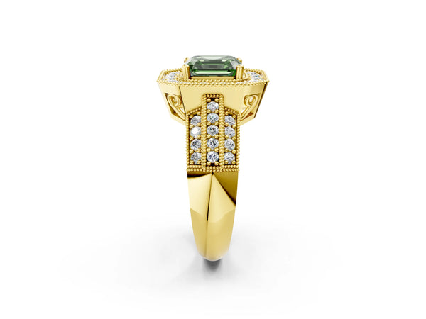 Yellow gold Fancy Green Asscher Cut Halo Diamond Engagement Ring with Pave Split Shank and Four-Prong Setting