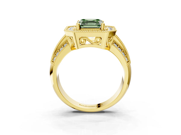 Yellow gold Fancy Green Asscher Cut Halo Diamond Engagement Ring with Pave Split Shank and Four-Prong Setting
