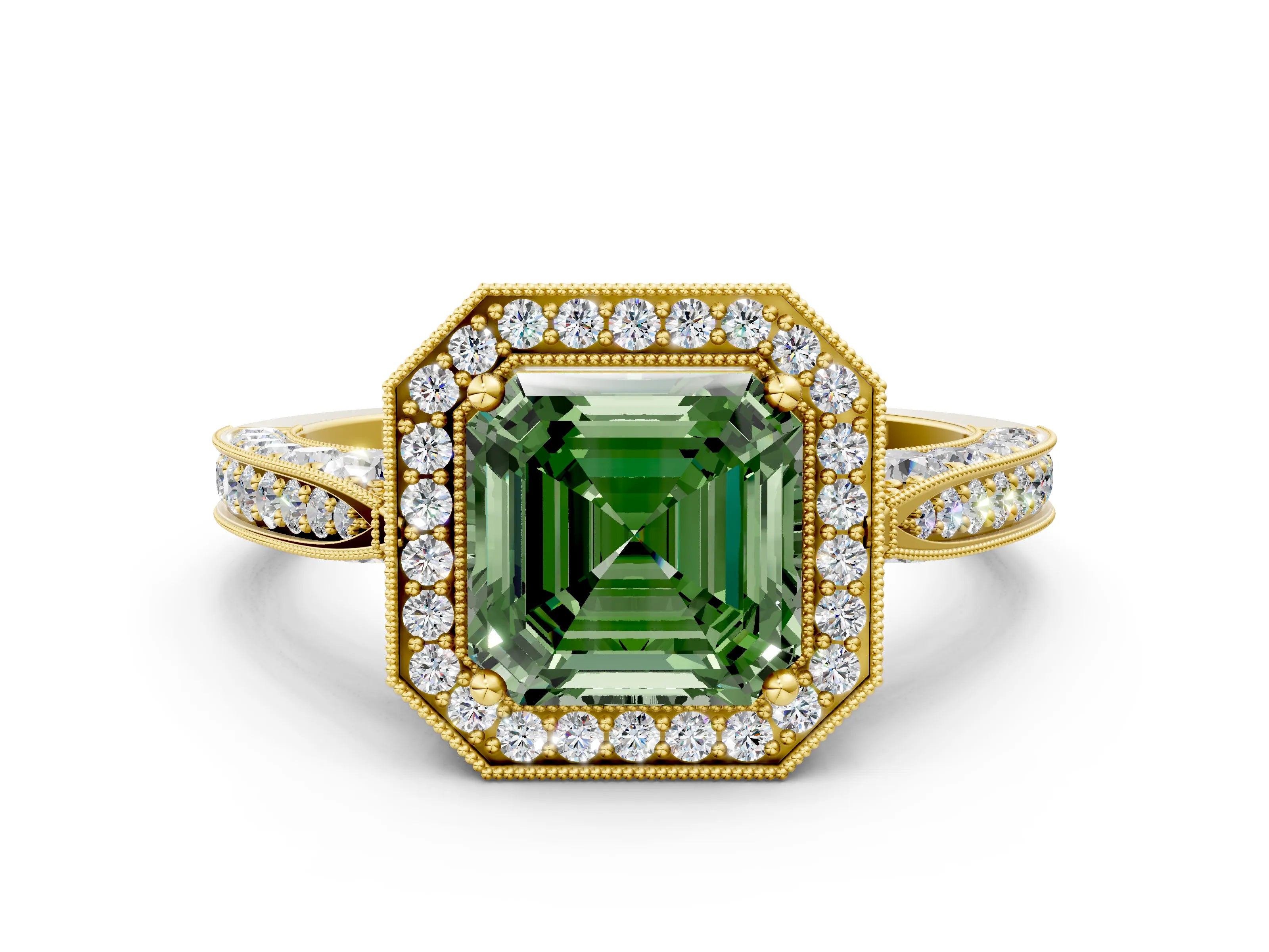 Yellow gold Fancy Green Asscher Cut Halo Diamond Engagement Ring with Split Shank Band and Four-Prong Setting