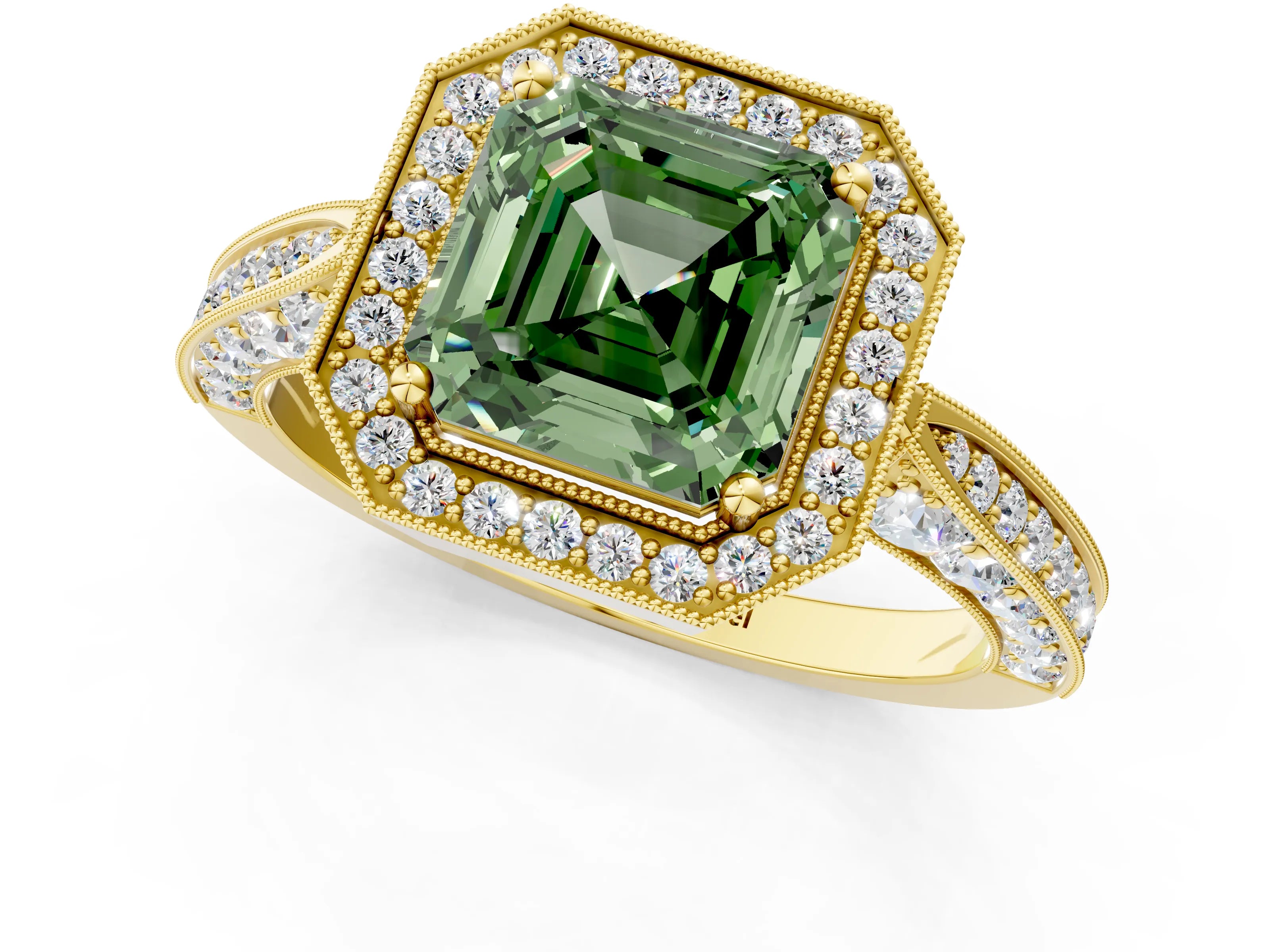 Yellow gold Fancy Green Asscher Cut Halo Diamond Engagement Ring with Split Shank Band and Four-Prong Setting_1