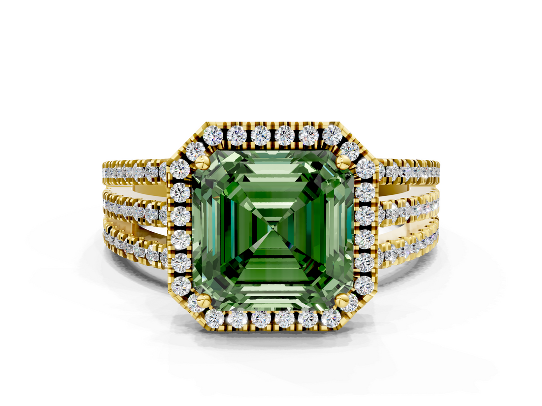 Yellow gold Fancy Green Asscher  Cut Halo Diamond Engagement Ring with Split Shank and Four-Prong Setting
