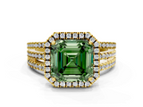 Yellow gold Fancy Green Asscher  Cut Halo Diamond Engagement Ring with Split Shank and Four-Prong Setting