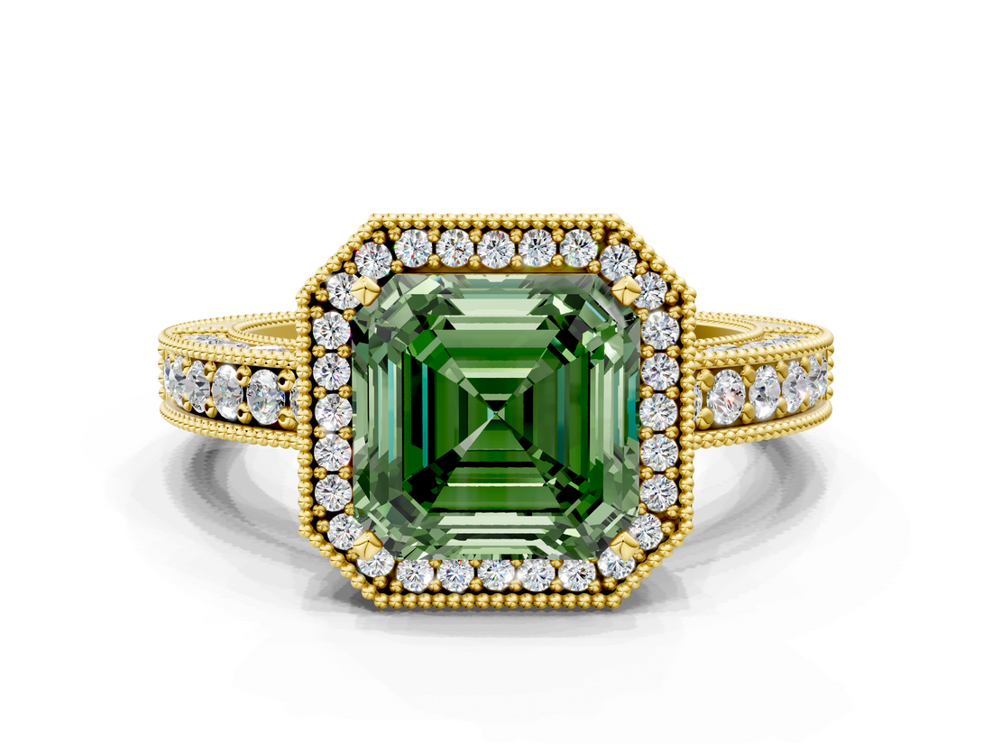 Yellow gold Fancy Green Asscher  Cut Halo Diamond Pave Band Ring with Four-Prong Setting