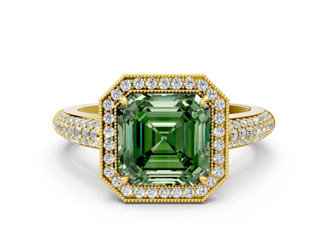 Yellow gold Fancy Green Asscher  Cut Halo Diamond Pave Band with Four-Prong Setting_17