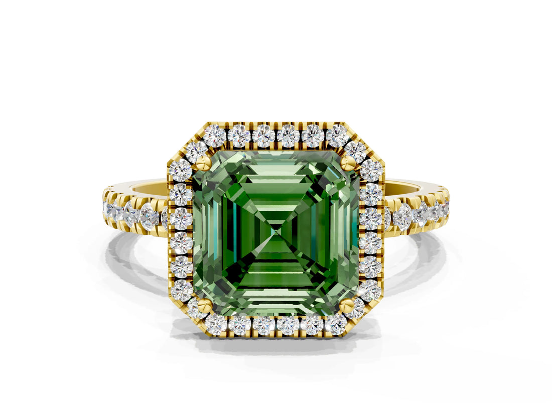 Yellow gold Fancy Green Asscher Cut Halo Diamond Pave Band with Prong Setting