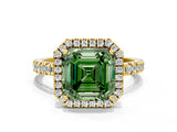 Yellow gold Fancy Green Asscher Cut Halo Diamond Pave Band with Prong Setting