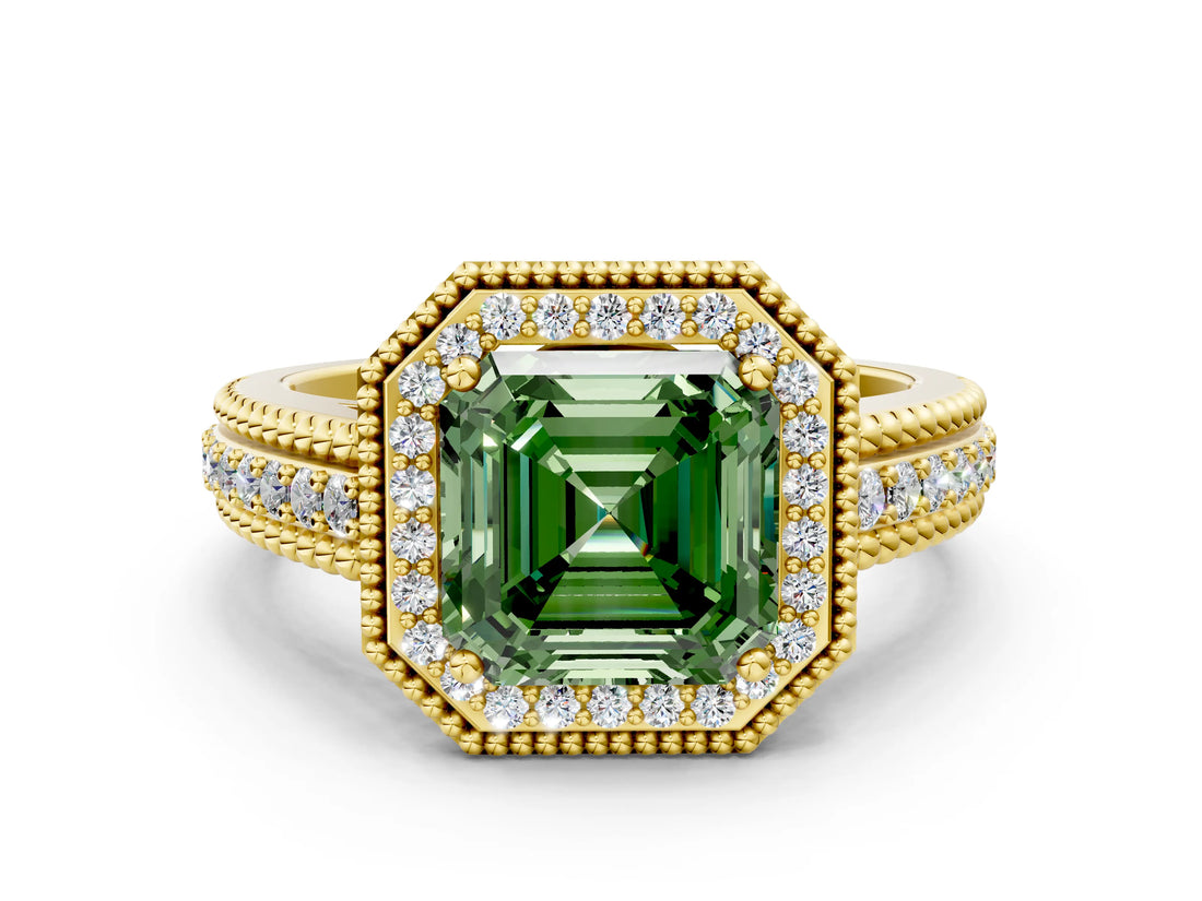 Yellow gold Fancy Green Asscher Cut Halo Diamond Ring with Beaded Split Shank and Four-Prong Setting