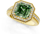 Yellow gold Fancy Green Asscher Cut Halo Diamond Ring with Beaded Split Shank and Four-Prong Setting_1