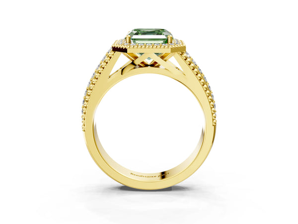 Yellow Gold Asscher Cut Beaded Halo Engagement Ring Setting for Fancy Green Center with Pave