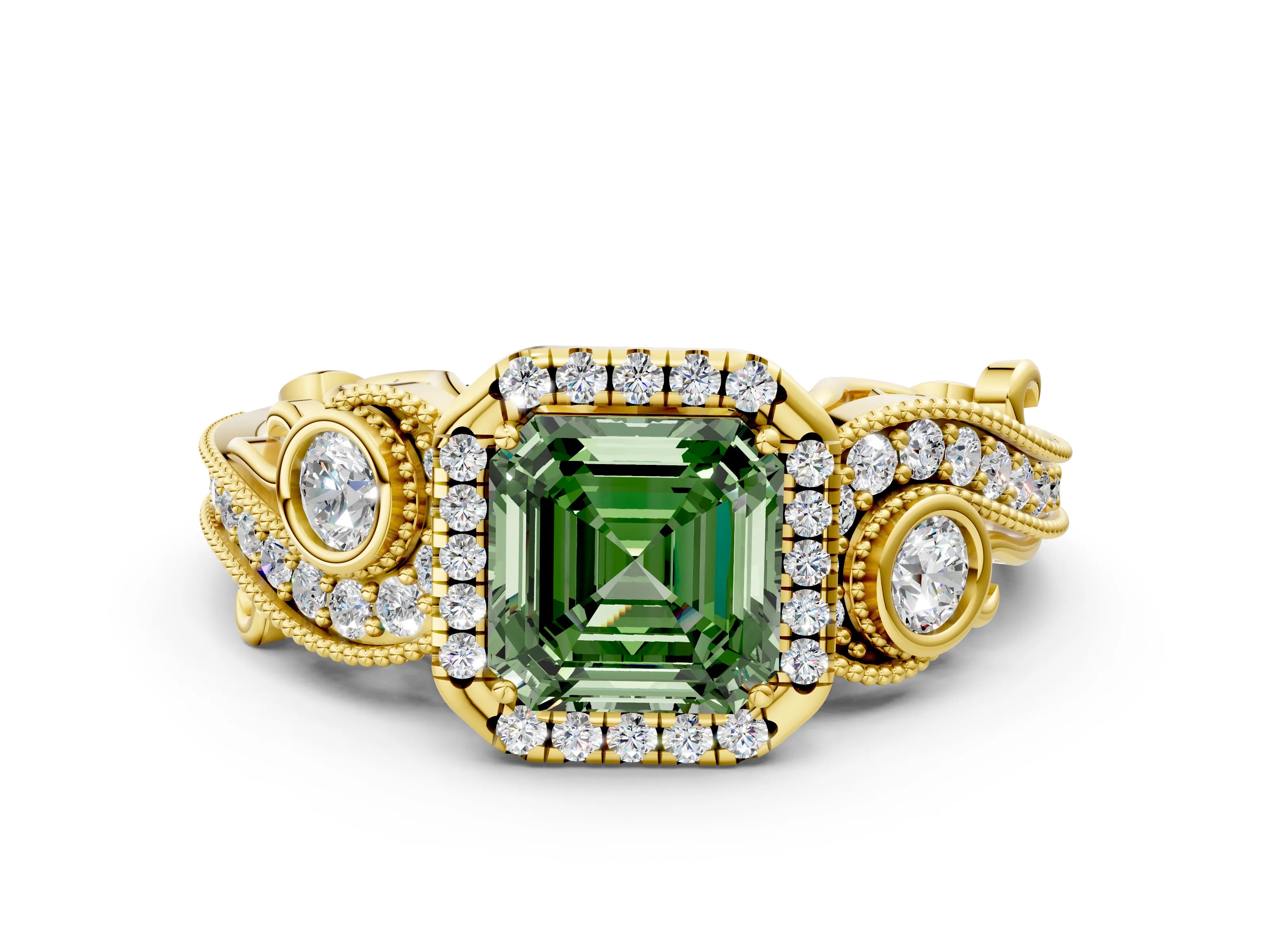 Yellow gold Fancy Green Asscher Cut Halo Diamond Ring with Milgrain and Bezel Accents on a Split Shank Band