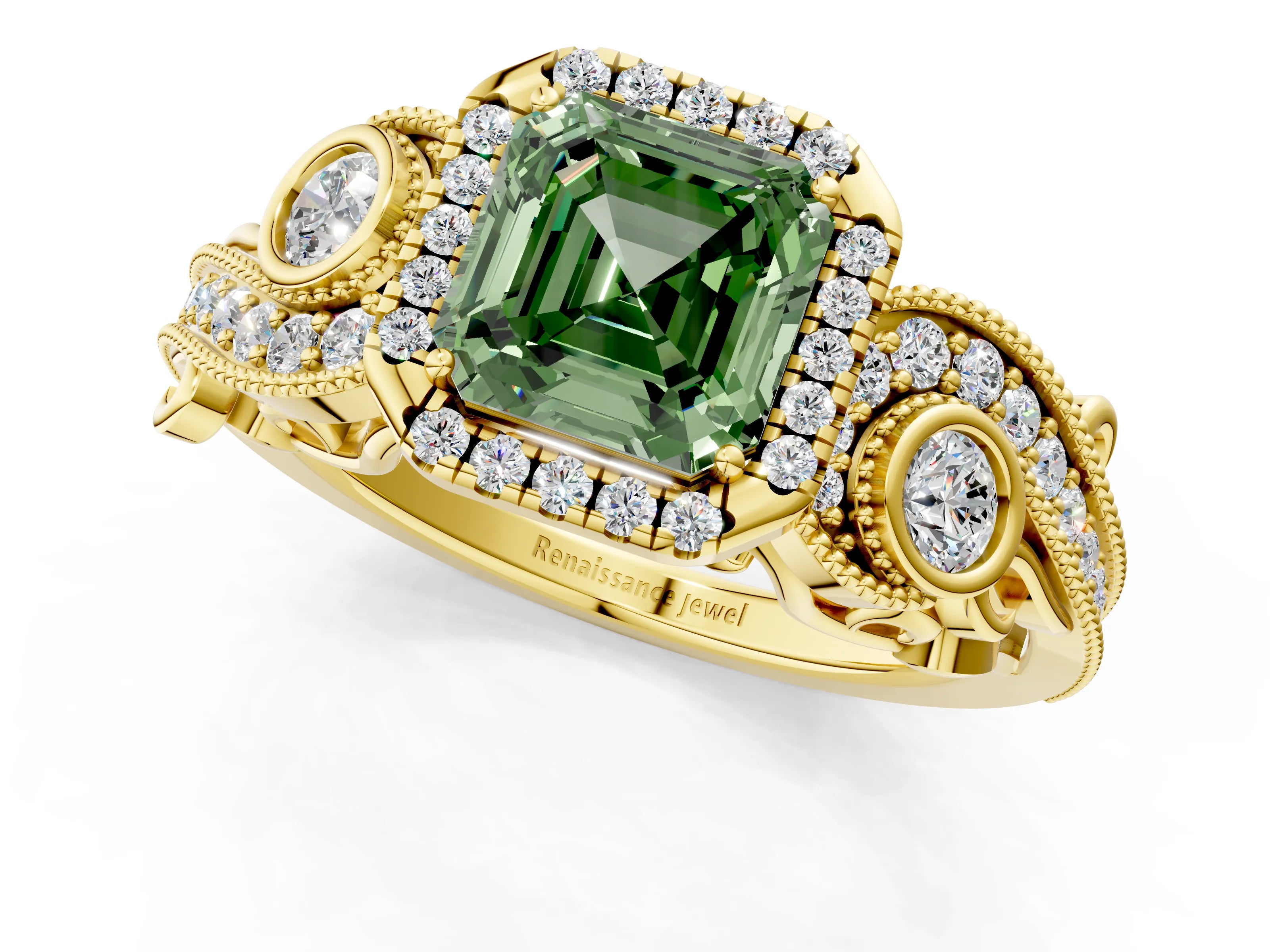 Yellow gold Fancy Green Asscher Cut Halo Diamond Ring with Milgrain and Bezel Accents on a Split Shank Band_1