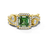 Yellow gold Fancy Green Asscher Cut Halo Diamond Ring with Milgrain and Bezel Accents on a Split Shank Band_12