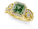 Yellow gold Fancy Green Asscher Cut Halo Diamond Ring with Milgrain and Bezel Accents on a Split Shank Band_13