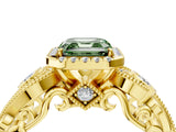 Yellow gold Fancy Green Asscher Cut Halo Diamond Ring with Milgrain and Bezel Accents on a Split Shank Band_16