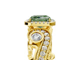 Yellow gold Fancy Green Asscher Cut Halo Diamond Ring with Milgrain and Bezel Accents on a Split Shank Band_17