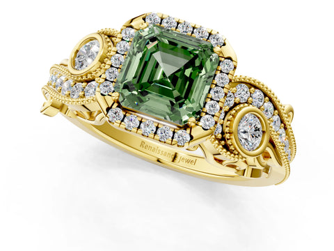 Yellow gold Fancy Green Asscher Cut Halo Diamond Ring with Milgrain and Bezel Accents on a Split Shank Band_1
