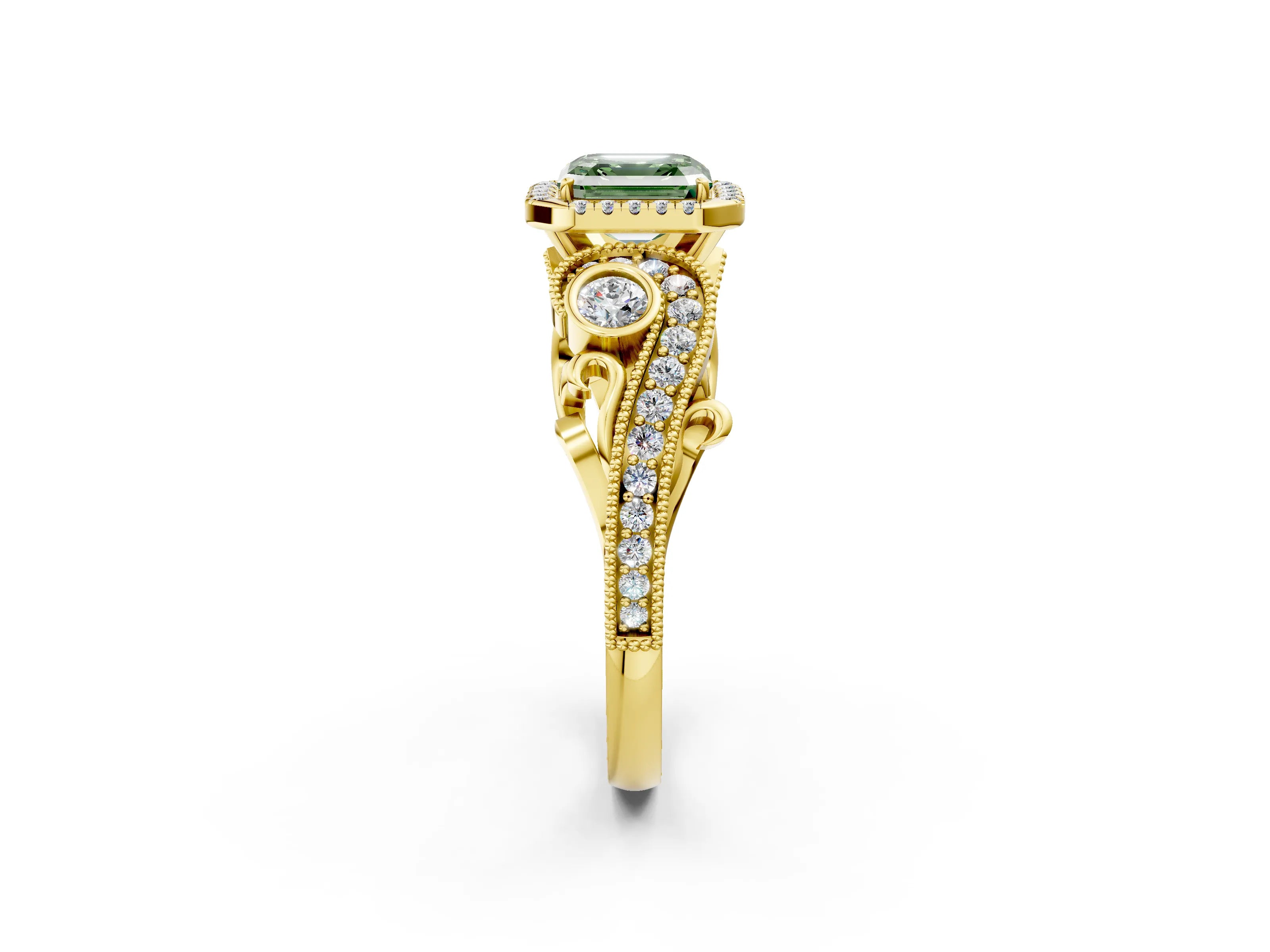 Yellow gold Fancy Green Asscher Cut Halo Diamond Ring with Milgrain and Bezel Accents on a Split Shank Band_2