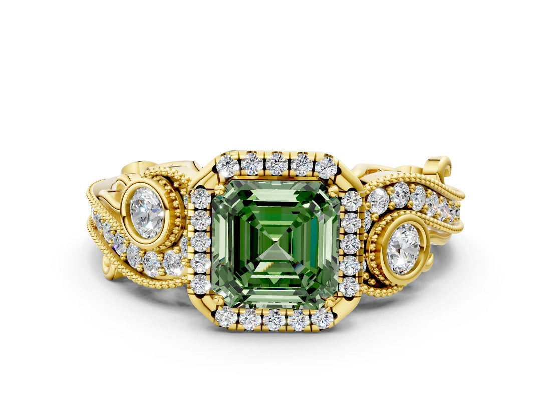 Yellow gold Fancy Green Asscher Cut Halo Diamond Ring with Milgrain and Bezel Accents on a Split Shank Band_24