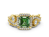 Yellow gold Fancy Green Asscher Cut Halo Diamond Ring with Milgrain and Bezel Accents on a Split Shank Band_24