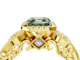 Yellow gold Fancy Green Asscher Cut Halo Diamond Ring with Milgrain and Bezel Accents on a Split Shank Band_28