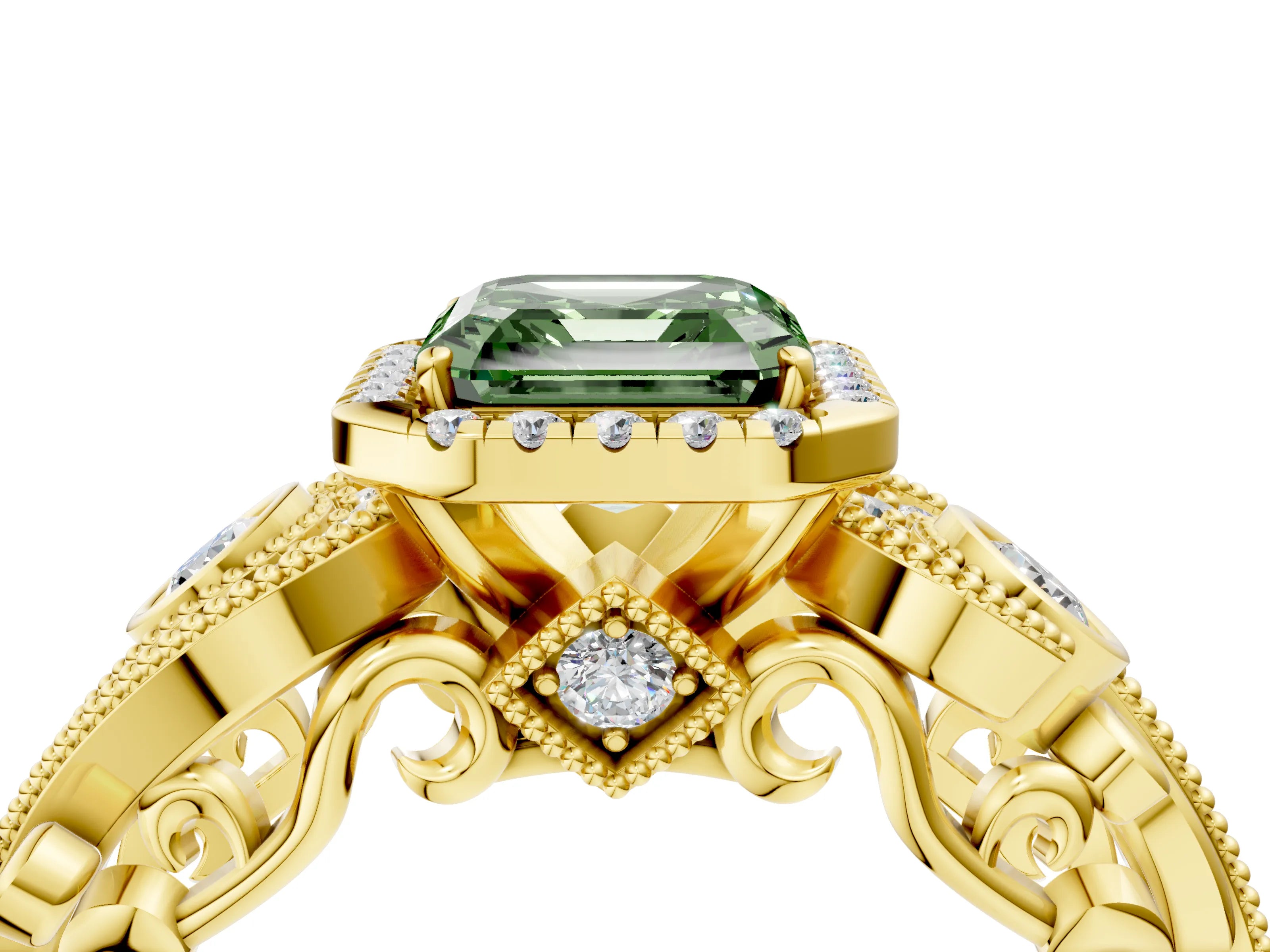 Yellow gold Fancy Green Asscher Cut Halo Diamond Ring with Milgrain and Bezel Accents on a Split Shank Band_4