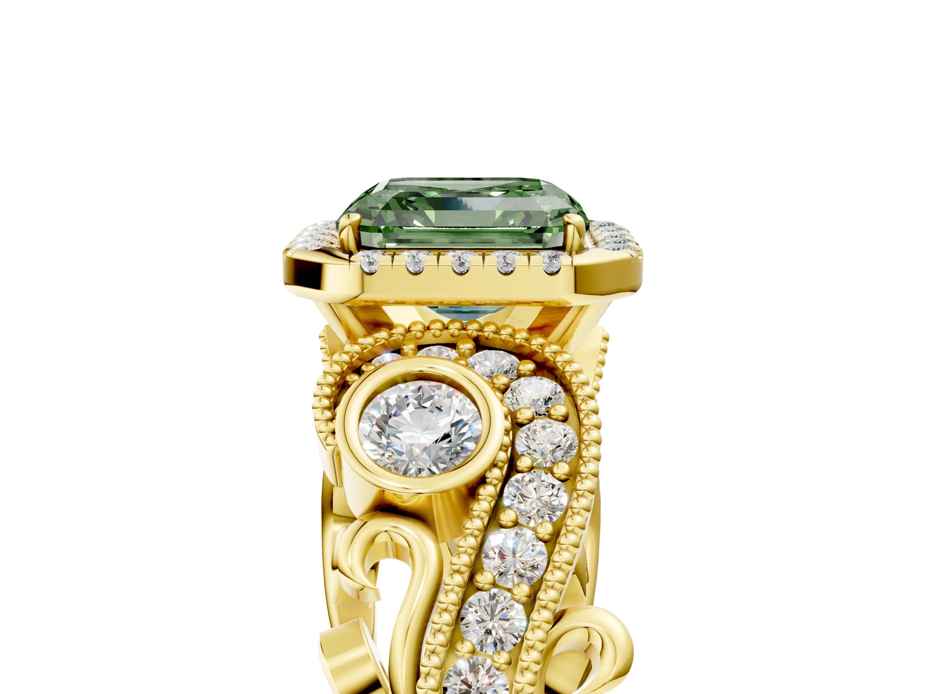 Yellow gold Fancy Green Asscher Cut Halo Diamond Ring with Milgrain and Bezel Accents on a Split Shank Band_5