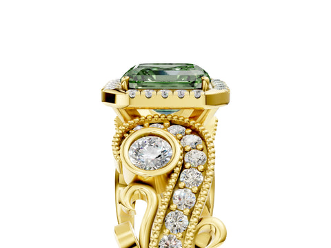Yellow gold Fancy Green Asscher Cut Halo Diamond Ring with Milgrain and Bezel Accents on a Split Shank Band_5