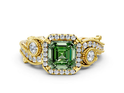 Yellow gold Fancy Green Asscher Cut Halo Diamond Ring with Milgrain and Bezel Accents on a Split Shank Band