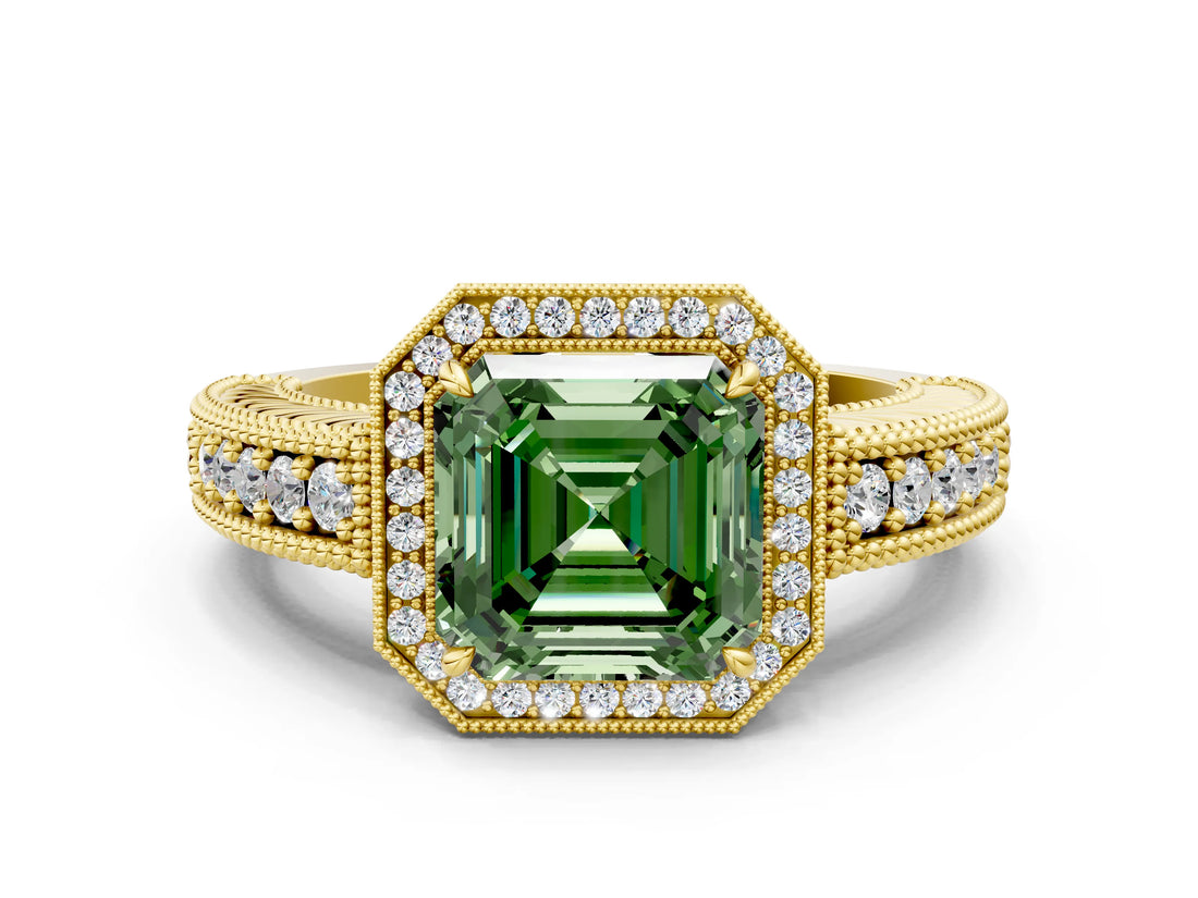Yellow gold Fancy Green Asscher  Cut Halo Diamond Ring with Pavé Band and Four-Prong Setting_29