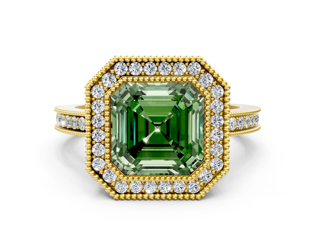 Yellow gold Fancy Green Asscher  Cut Halo Diamond Ring with Pavé Band and Milgrain Prong Setting_85
