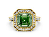 Yellow gold Fancy Green Asscher  Cut Halo Diamond Ring with Pavé Band and Milgrain Prong Setting_85