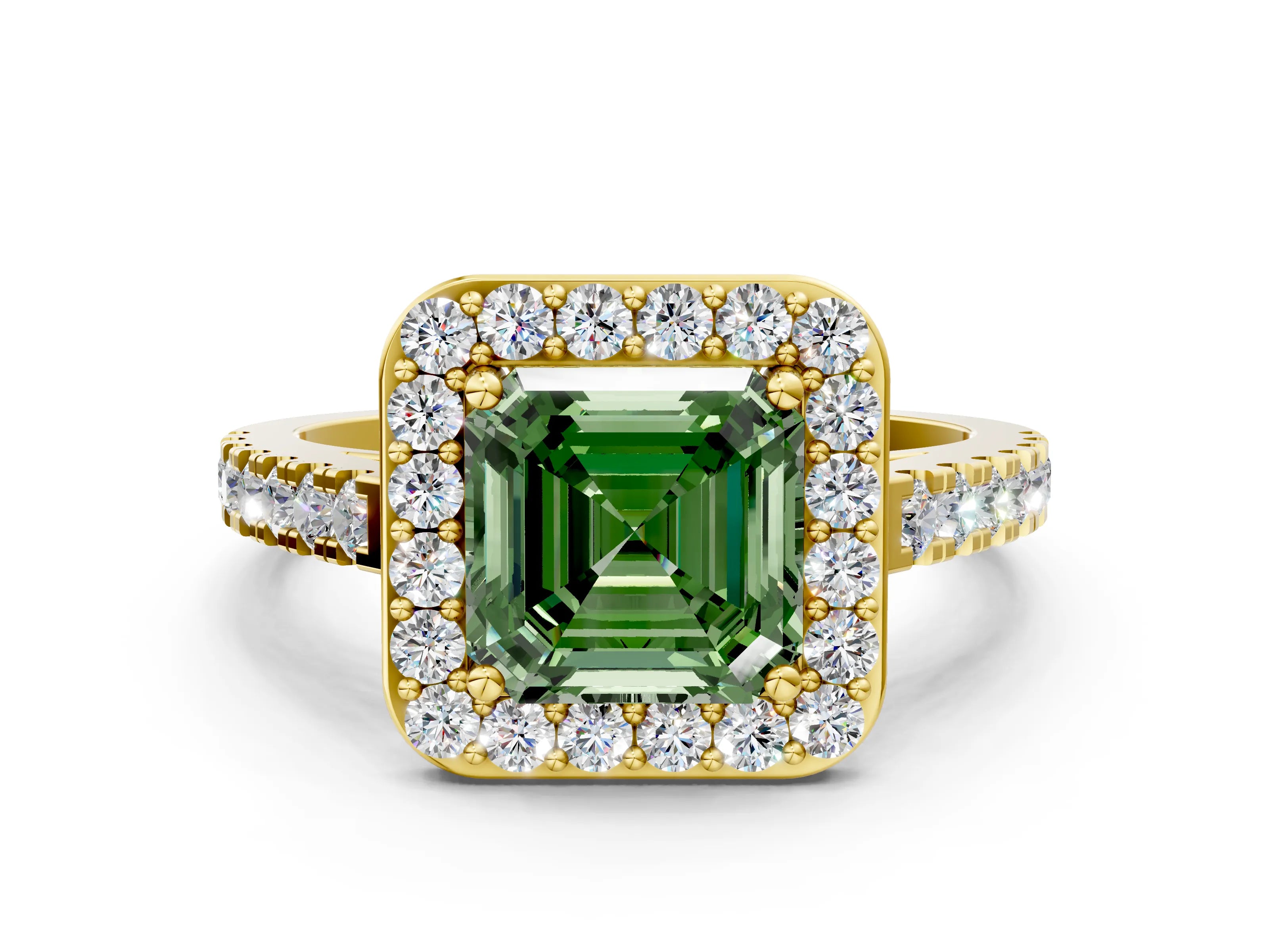 Yellow gold Fancy Green Asscher Cut Halo Diamond Ring with Pavé Band and Three-Prong Setting