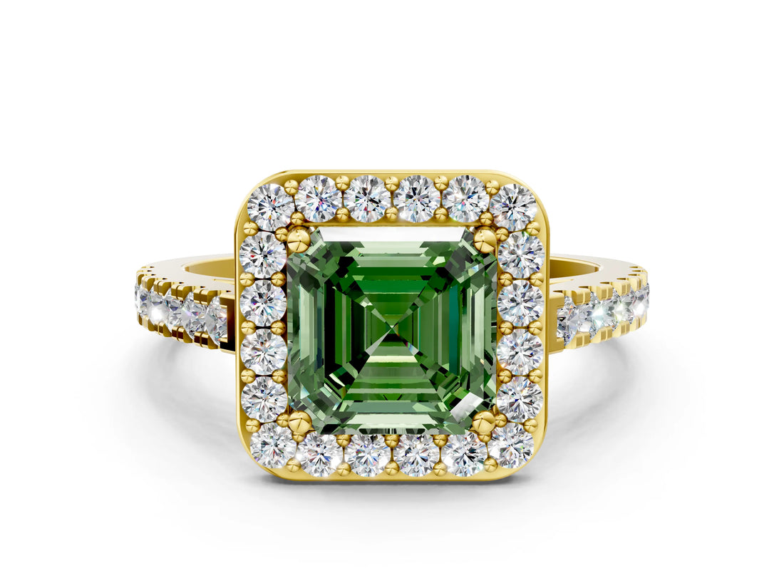 Yellow gold Fancy Green Asscher Cut Halo Diamond Ring with Pavé Band and Three-Prong Setting