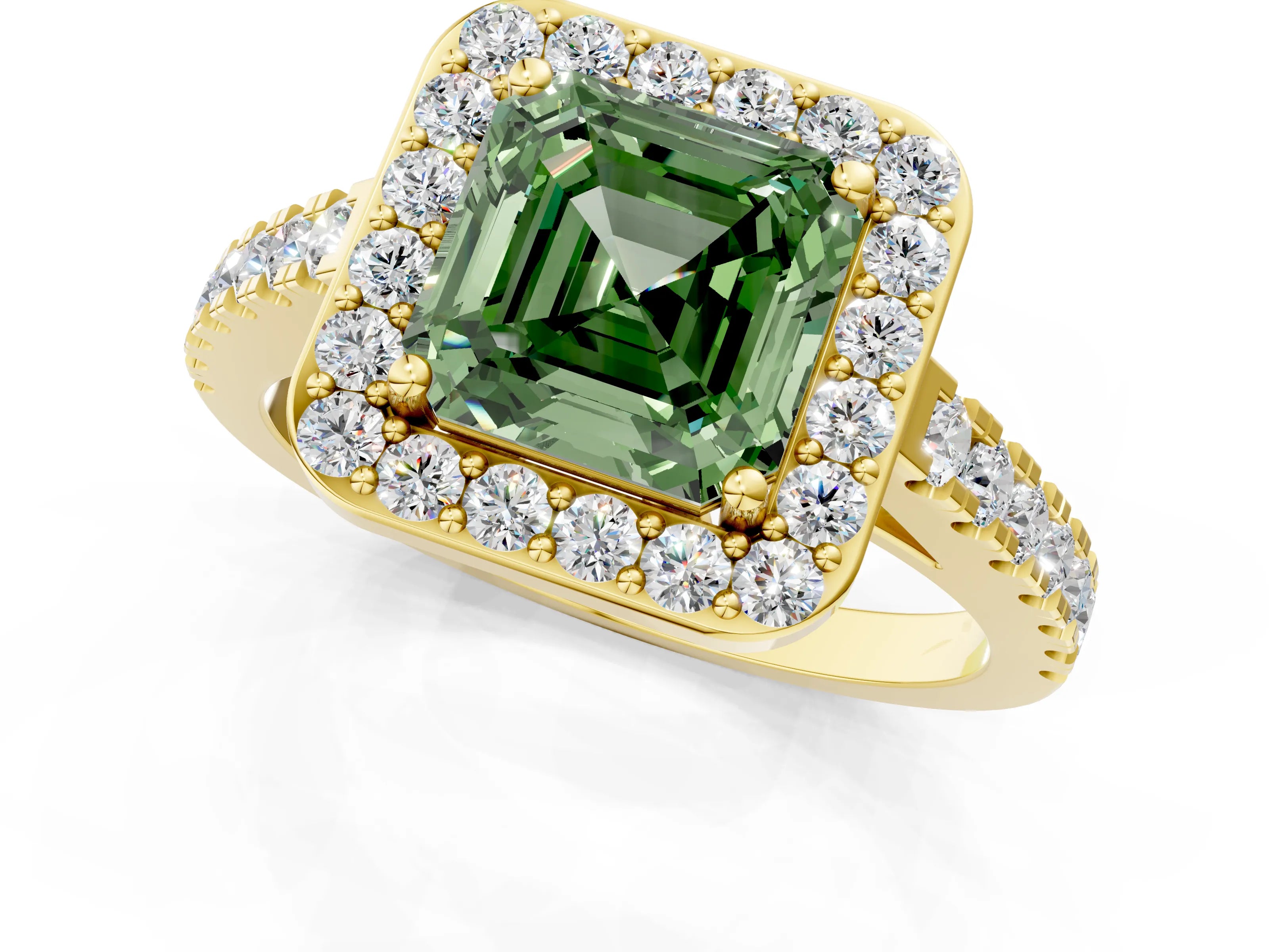 Yellow gold Fancy Green Asscher Cut Halo Diamond Ring with Pavé Band and Three-Prong Setting_1